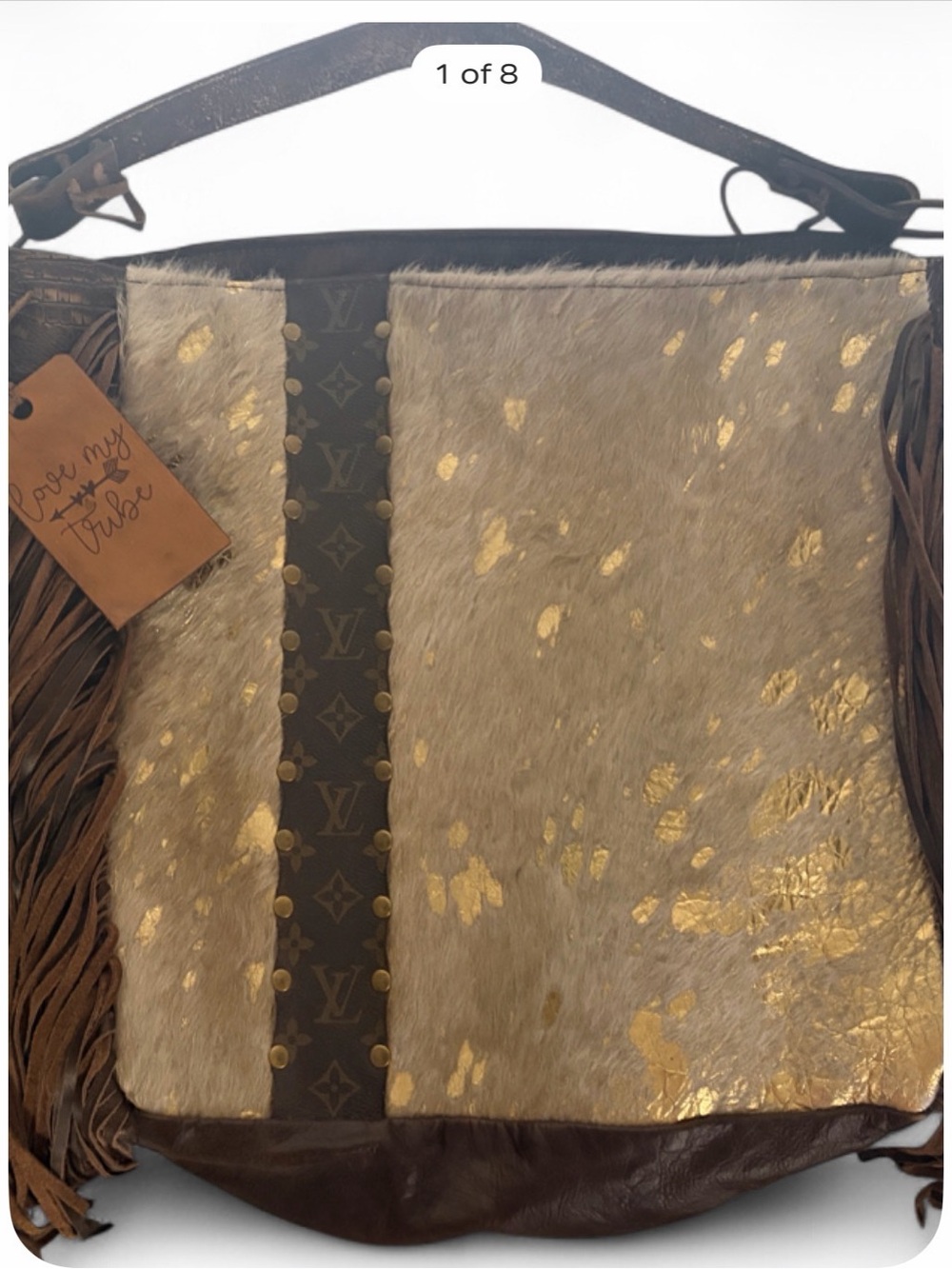 Luxury Brown & Gold Accent Women's Fringe Tote - Designer Monogram Strip